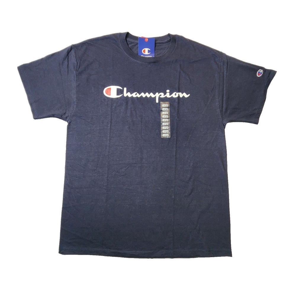 Champion T-Shirt Men's Blue Graphic Tee Classic Fit Script Logo, Navy Size L NWT